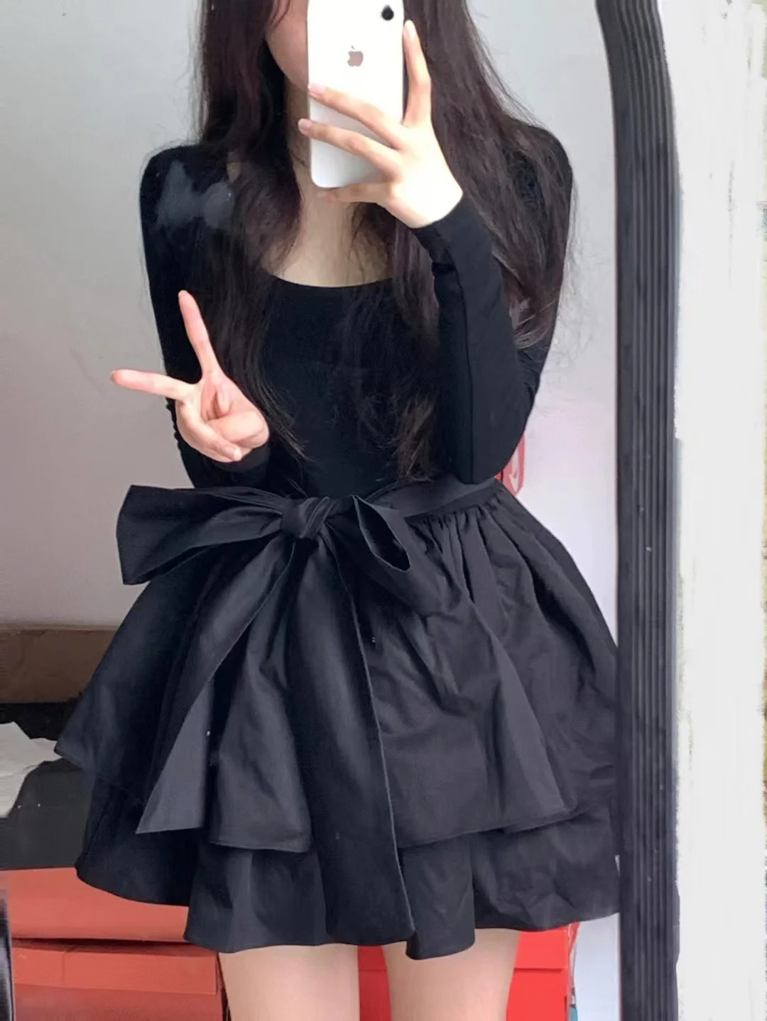 2024 Spring and Autumn Clothing Temperament Small Fragrant Style French Waist Bottom Dress Dress Small Black