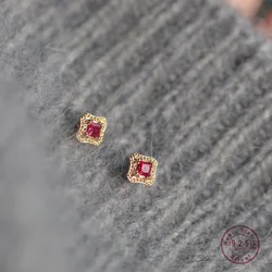 925 Sterling Silver Plating 14K Gold Retro Red Zircon Geometric Earrings for Women Exquisite Small Wedding Jewelry Party