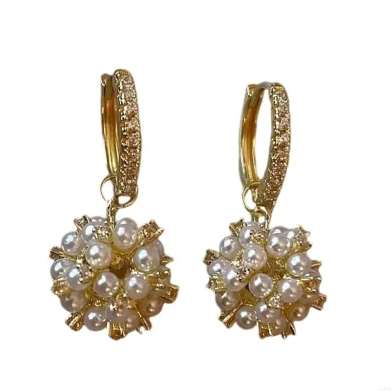 

F2TD Pearls and Zircon Earrings Eye Catching Hoops for Date Night Wedding Accessories