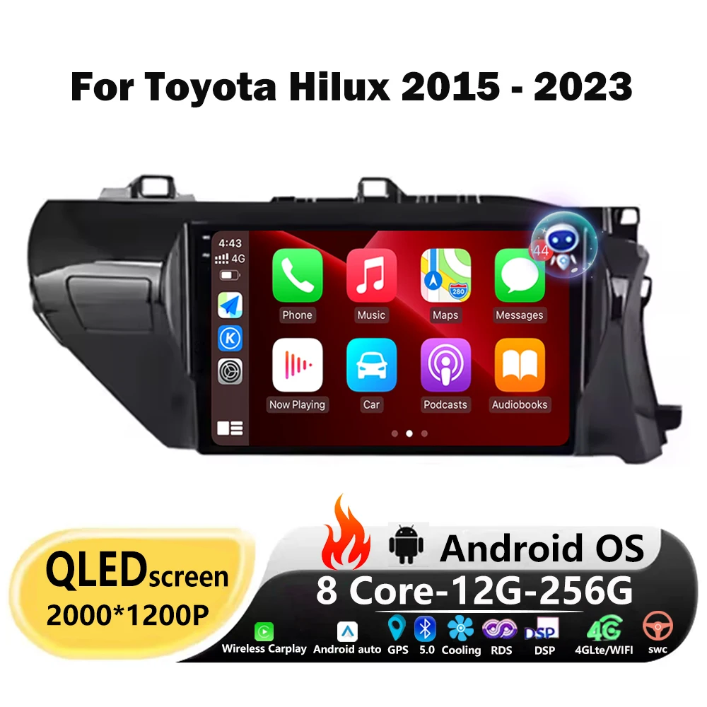 Беспроводной Carplay для Toyota Hilux 2015-2023 RHD Android 16 Автомагнитола GPS Мультимедийный плеер Стерео QLED Сенсорный экран 4G BT
