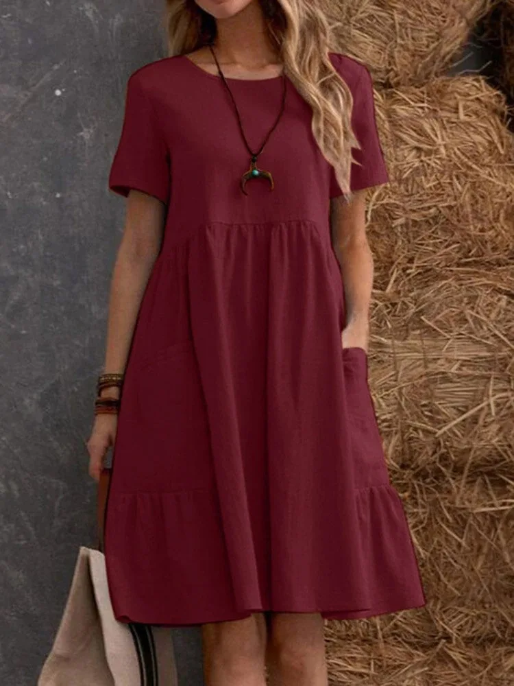 Vestido de linho de cor sólida na moda feminino manga curta o pescoço em camadas plissado midi vestido casual boheo para passeios diários e na praia