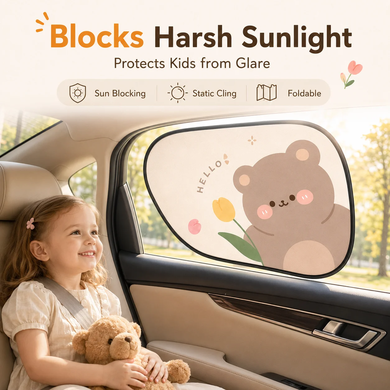 Cute Cartoon Car Sun Shade 4PCS Set – Static Cling Side Window Sunshade, UV Blocking Baby Car Curtain, Foldable Car Window Cover