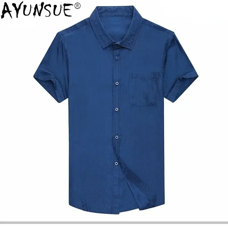 AYUNSUE 100% Mulberry Real Silk Shirt for Men Short Sleeved Silk Satin Shirt Men's Clothing Summer Thin Casual Tops Camisetas