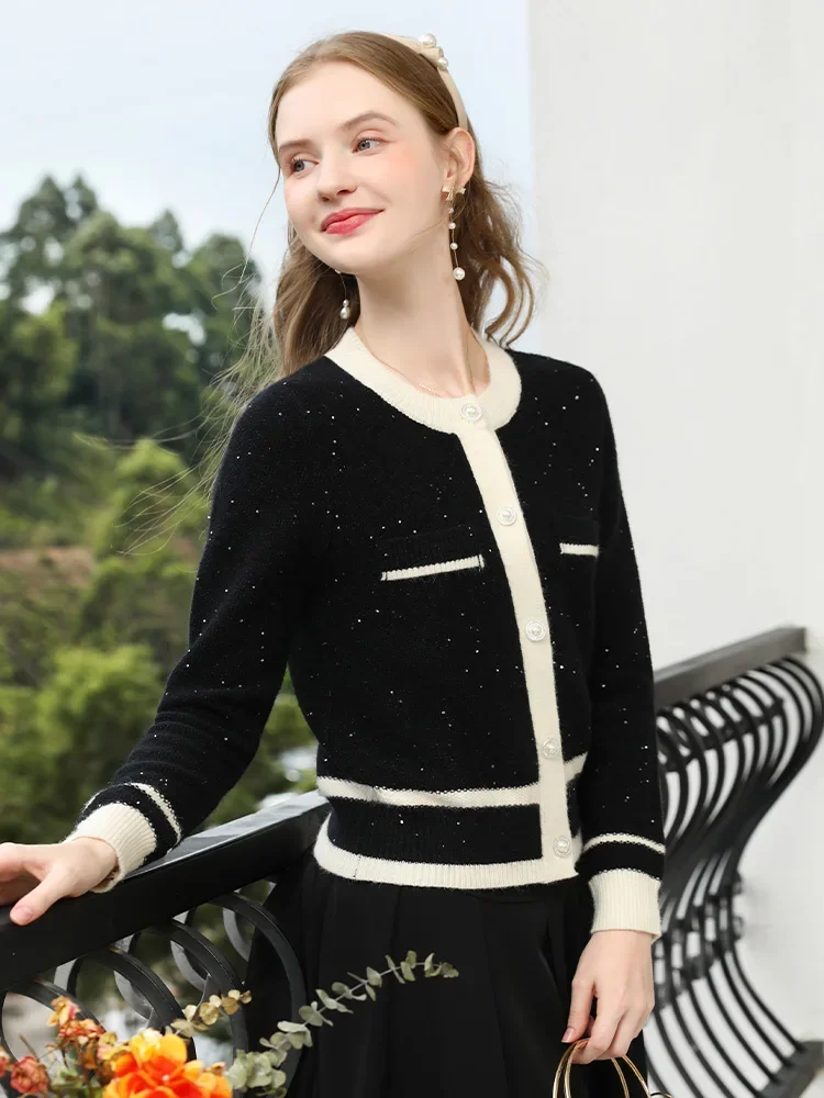 I BELIEVE YOU Black French Sparkling Sweater Cardigan Coat Women 2024 Autumn O Neck Single Breasted Knitted Sweater 2244185833