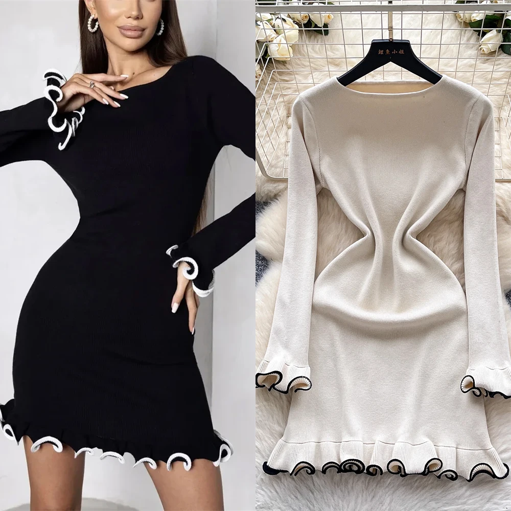 Frühling Neue Gestrickte Mini Kleid Für Frauen Pilz Kontrast Farbe Dünne Pullover Kleid Elegante Weibliche Party Kleidung Langarm