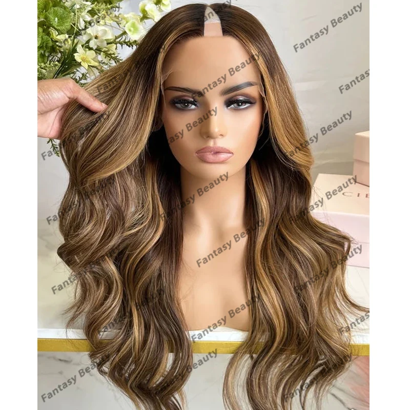 Balayage Highlight Blonde Women Human Hair 1x4 Opening V Part Wigs Ombre Light Brown Glueless Adjustable V Part Wigs Easy Wear