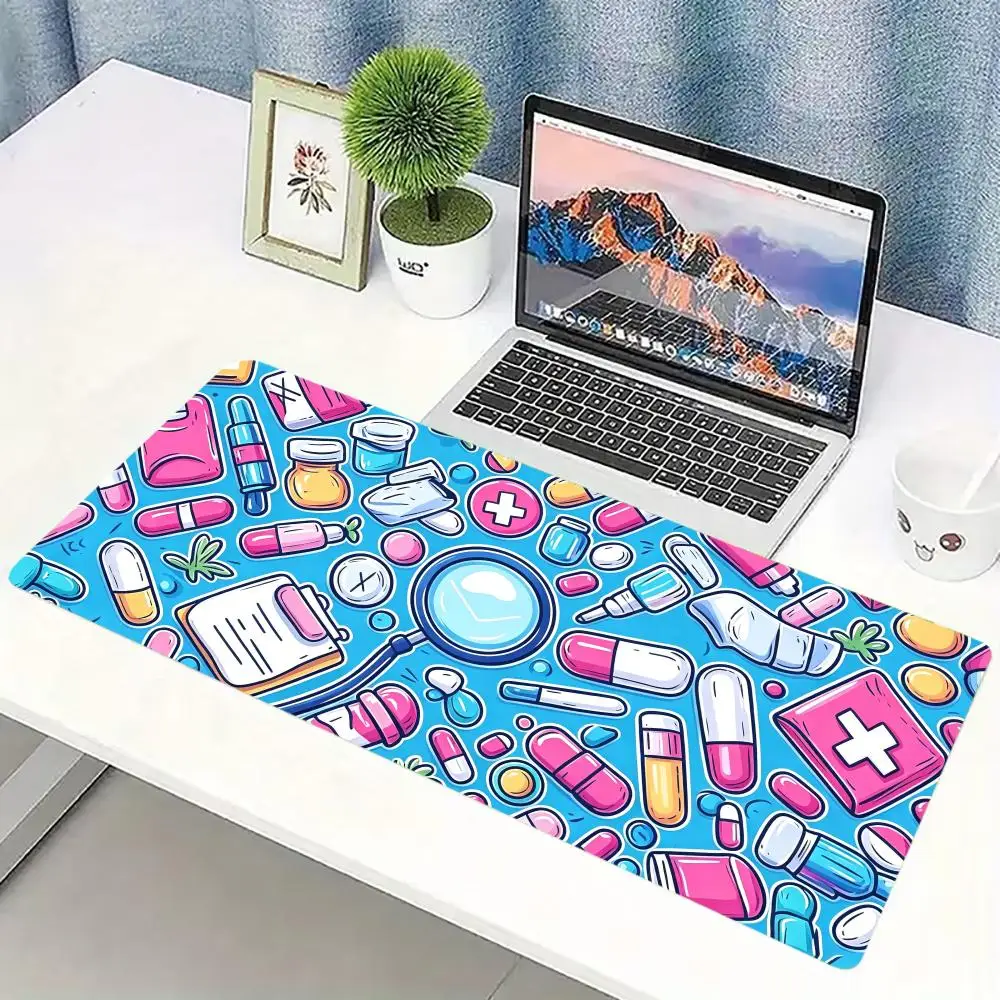 Cute Medical Nurse Doodle Large Extended Gaming MousePad Non Slip Desk Surface Pharmacy Pill Cartoon Print For Gaming And Office