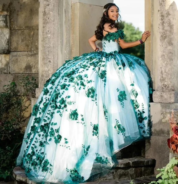 Emerald Green Floral Quinceanera Dresses with Train Ball Gown Lace Appliques Princess Puffy Prom Party Dress Off the Shoulder AliExpress