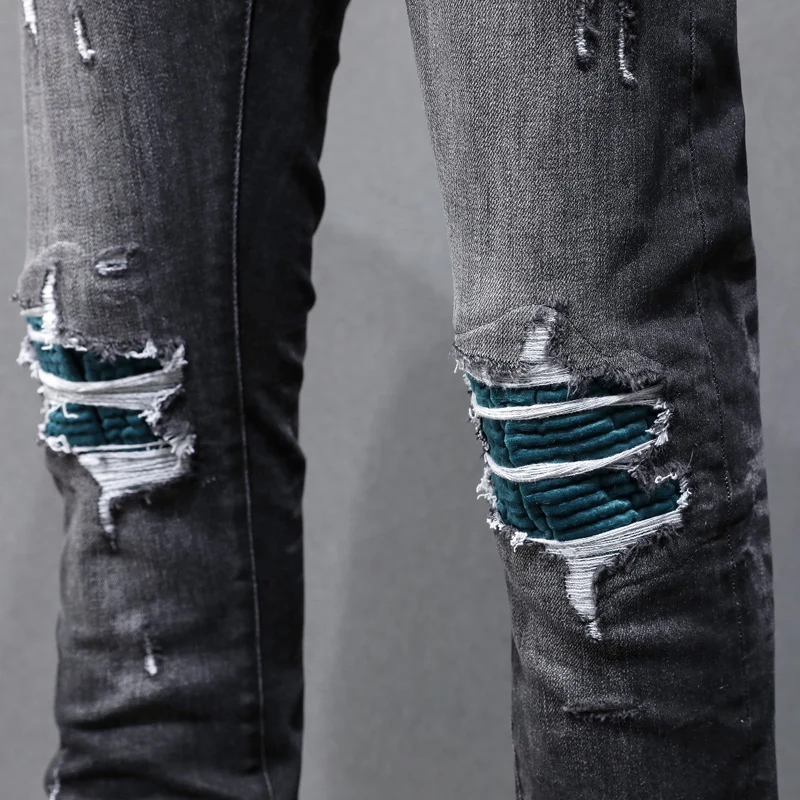 

fashion newY2K jeans perforated green patch washed nostalgic stretch slim fit black gray jeans high street hip-hop brand s