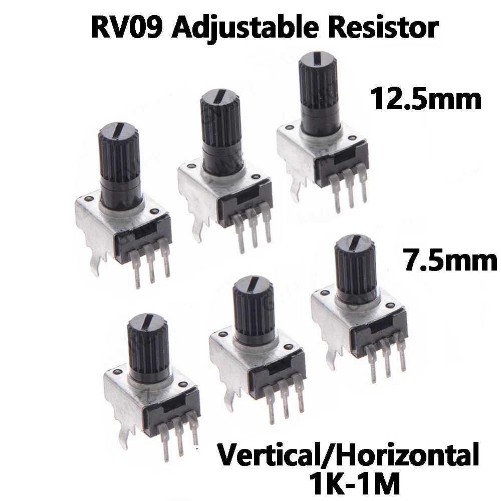 10PCS 3P 1K  2K 5K 12.5mm RV09 Vertical/Horizontal 7.5mm 12.5mm Shaft 100K Adjustable Resistor 3P Seal Rotary Potentiometer 7.5
