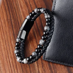 Multi-layer Leather Stainless Steel Men Bracelet Fashion Punk Design Magnet Clasp Bracelet Jewelry for Friend Husband Gifts