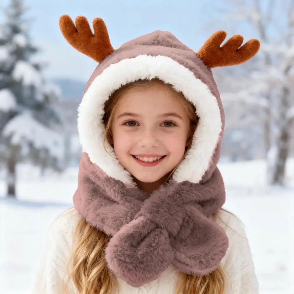 Winter Children One Piece Scarf Hat+Mask Cute Cartoon Baby Ear Protection Cap 1-6year Kids Plush Cross Neckerchief Warm Beanies