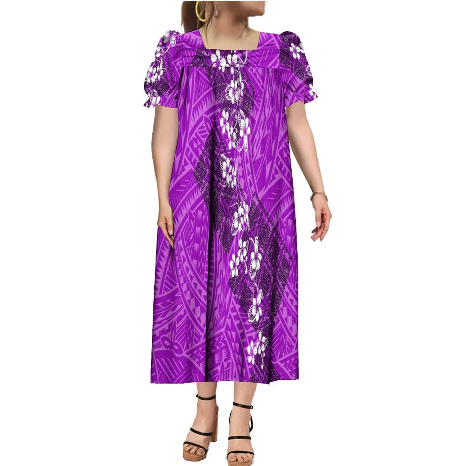 2023 New Bubble Sleeve Dress Polynesian Vintage Pattern Low cut Dress Temperament Casual Long Dress Custom Pattern