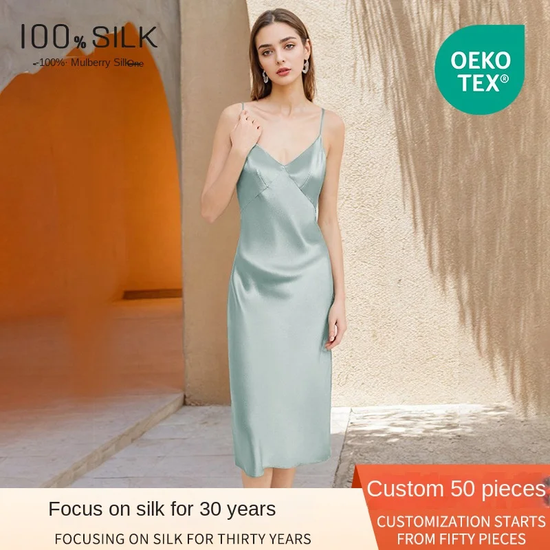 Sexy Slim 100% Mulberry Silk Slip Dress,Plus Size Mid Length Ladies Sleepwear Loungewear