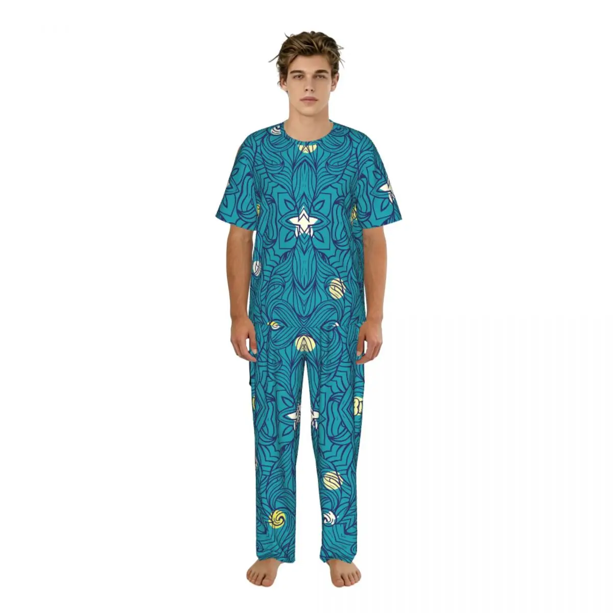 

Мужской пижамный костюм с короткими рукавами и длинными брюками, пижама с изображением ночного неба Ван Гога со звездами, летний комплект домашней одежды