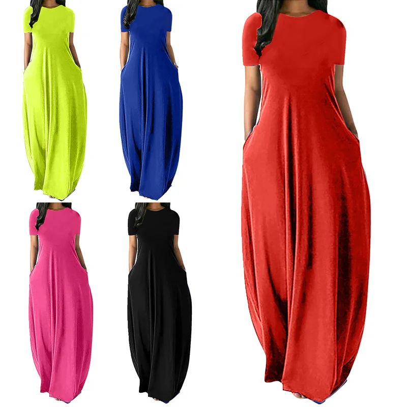 S-5XL Solid Color Oversize O-Neck Pockets Long Dress Casual Short Sleeve High Waist Women Summer Party Daily Travel Maxi Wear