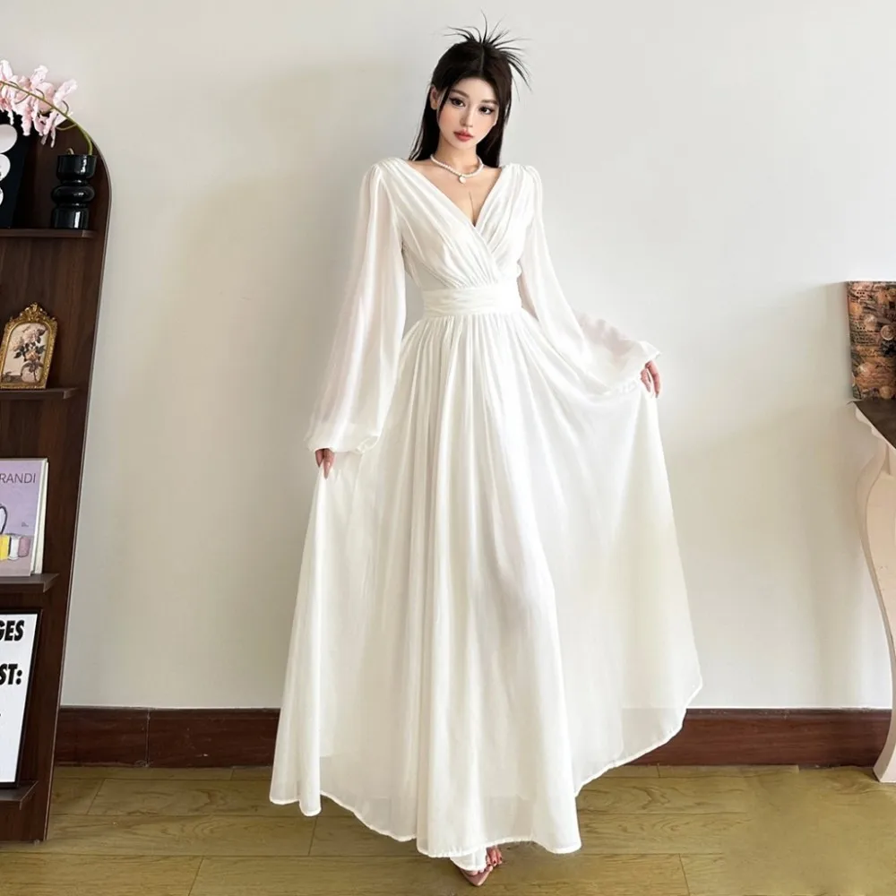 SylCue Sexy Backless Lange Kleider Frau Kreuz V-ausschnitt Durchsichtig Volle Hülse Süße Mädchen Geburtstag Party Geraffte Elegante Vestidos