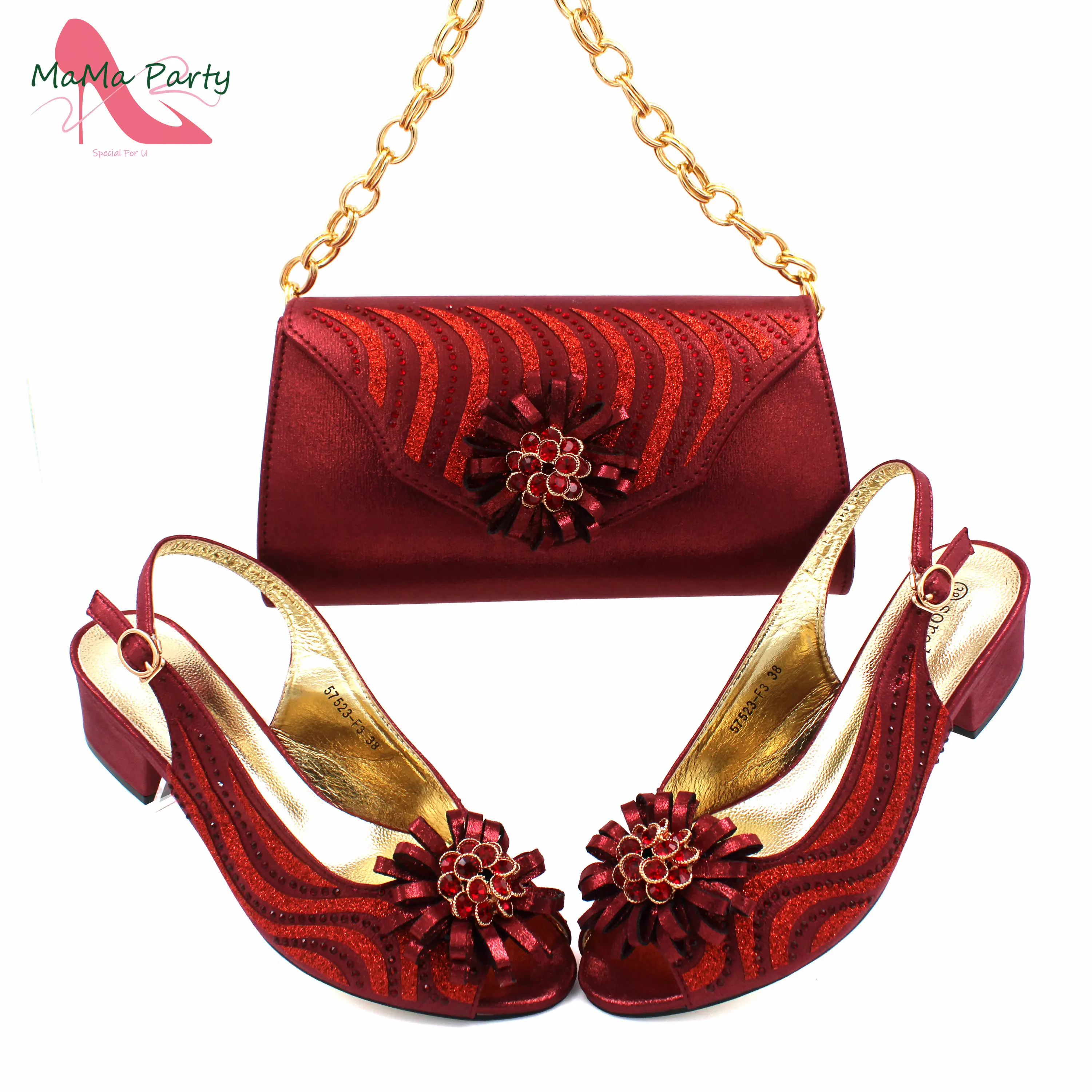 Low Heels New Arrivals Italian Design Nigerian Women Shoes and Bag Set in Wine Color Comfortable Heels with Appliques for Party