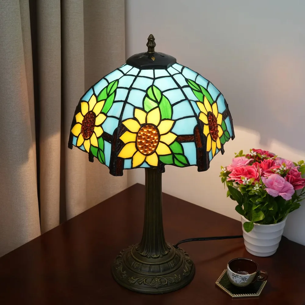 12inch 30cm Stained Glass Lamps Pastoral Sunflower Style Tiffany Mosaic Desk Lamp Household Living Room Sofa Table Lamp