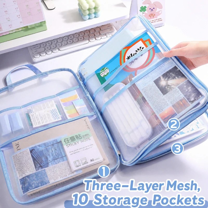 Mesh File Bag With Handle, Featuring 10 Built-In Independent Storage Pockets, Three-Layer Mesh Structure For Easy Organization