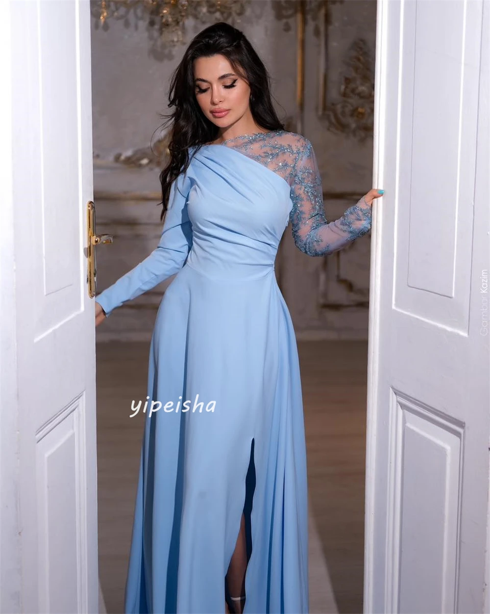 Robe Longue Drapée et Plissée en Jersey pour Anniversaire, Vêtement Personnalisé, Col Bateau, sur Mesure, pour Occasions