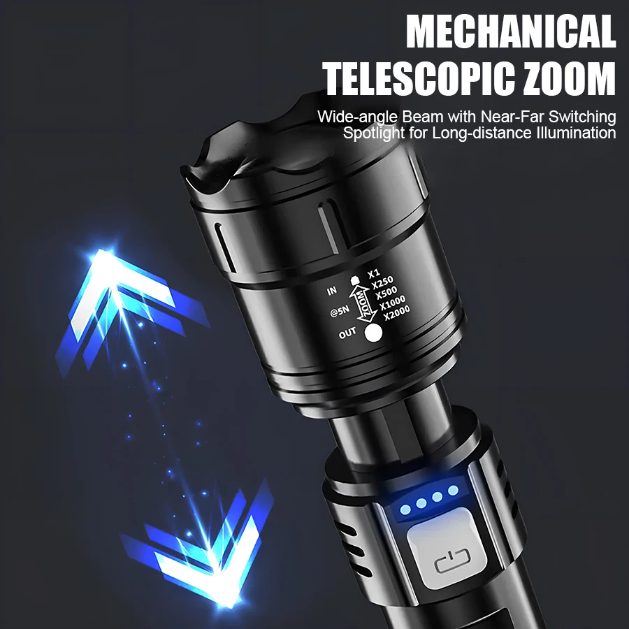 Lanterna LED P50 de Alta Potência, Recarregável via USB, Lanterna Portátil com Zoom, Tocha Super Brilhante de 2000LM para Emergências ao Ar Livre e Ca