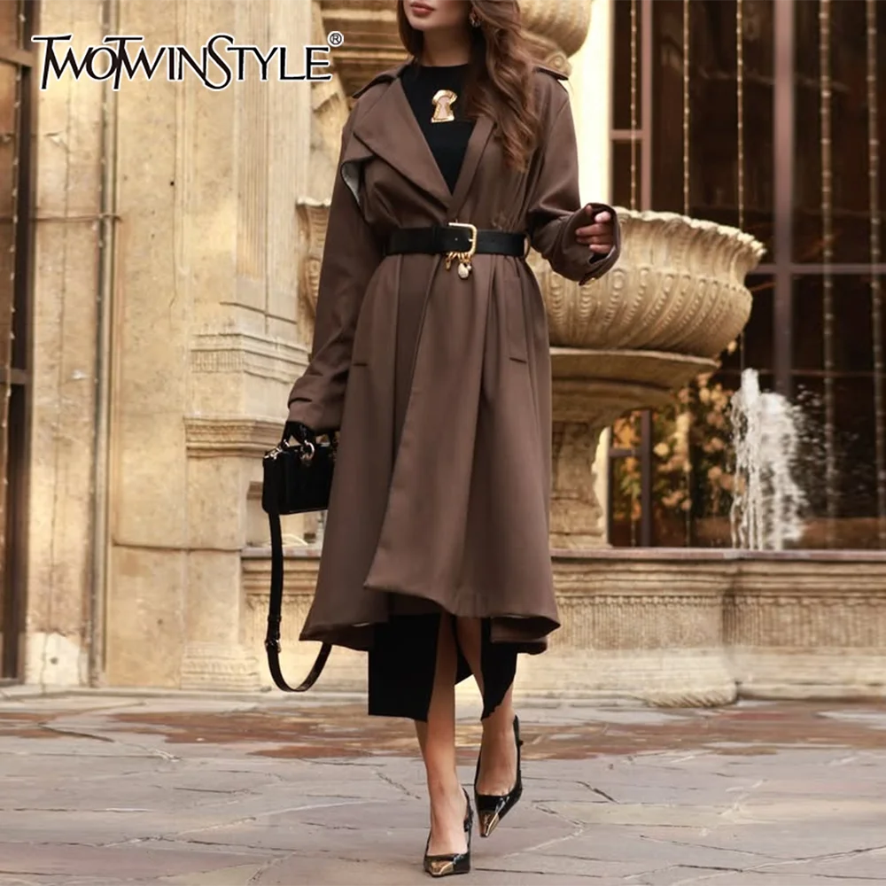 

TWOTWINSTYLE однотонный комплект из двух предметов с поясом, женский Тренч с длинными рукавами и лацканами, темпераментный повседневный женский комплект, новая мода