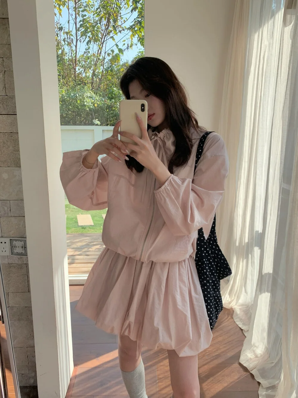 

Spring Summer Women's Fashion Set with Sun Protection Zipper round Neck Short Sleeve Skirt And Blouse Two-Piece Floral Print