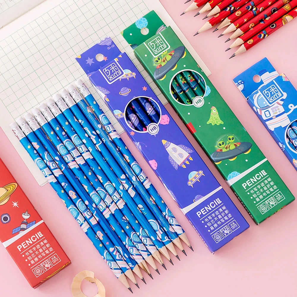 10 Boxed Wooden Pencils with Eraser HB Pencil Cartoon Planet Writing Pen Cute Student Pen Kawaii School Supplies Gifts Pen Prize