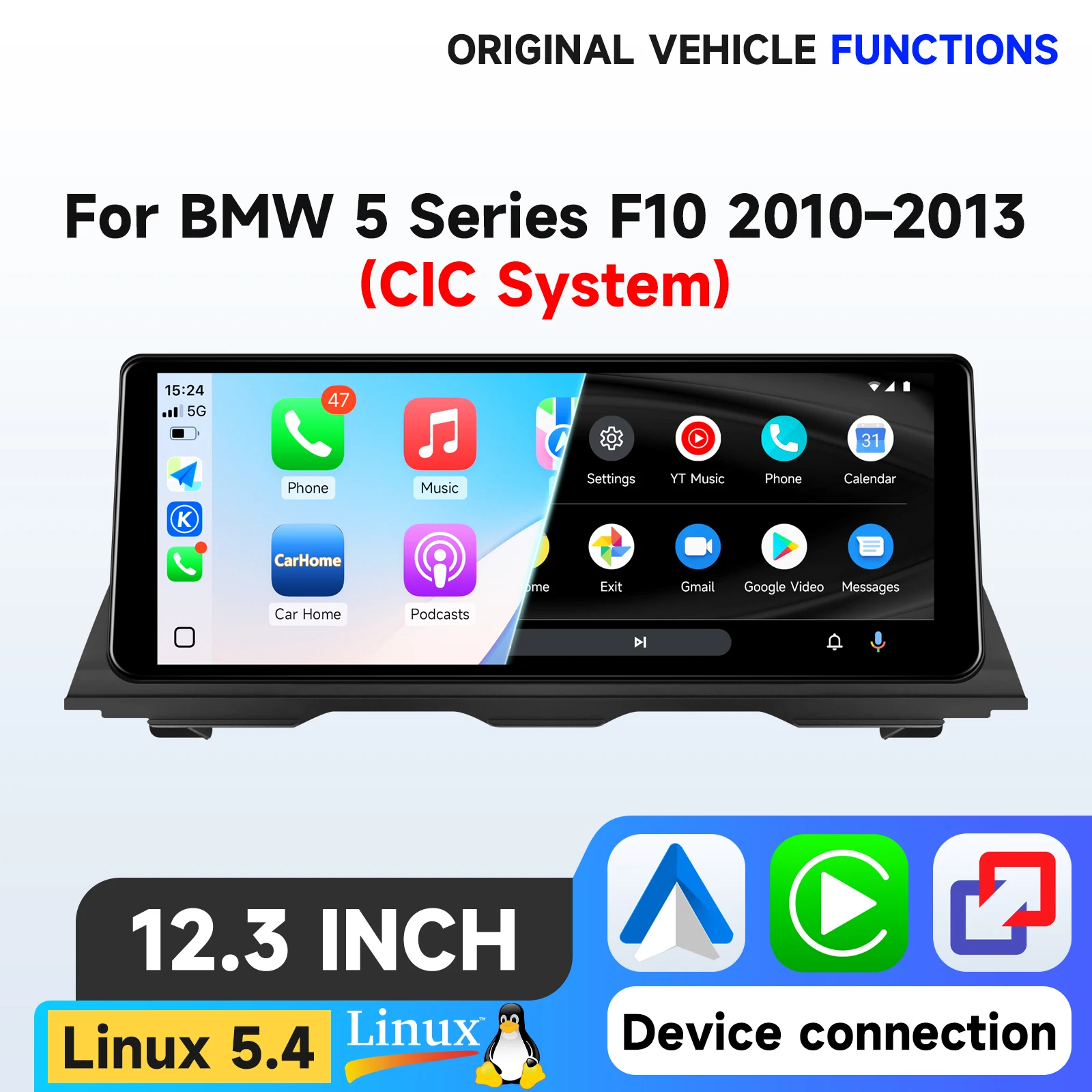 Hizpo Linux 5.4 System 12,3 Zoll Auto-Multimedia-Player für BMW 5er Serie F10 F11 F12 2010-2013 CIC-System Intelligenter Bildschirm für kabelloses Apple Carplay Android Auto Radio GPS-Navigation