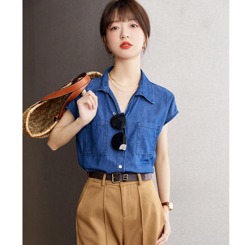 Casual Solid Short Sleeve Denim Loose Blouse Vintage Harajuku Oversized Shirt Elegant Summer Women Button Turn-down Collar Tops