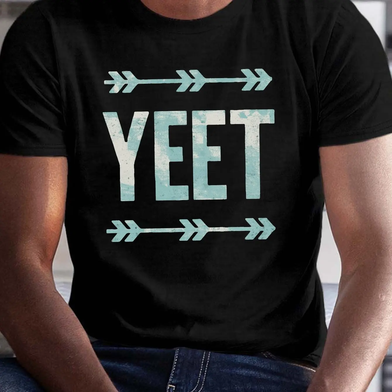 Men's 100% Cotton Black T-Shirt YEET Arrow Graphic Comfortable Casual Style Perfect for Everyday Wear