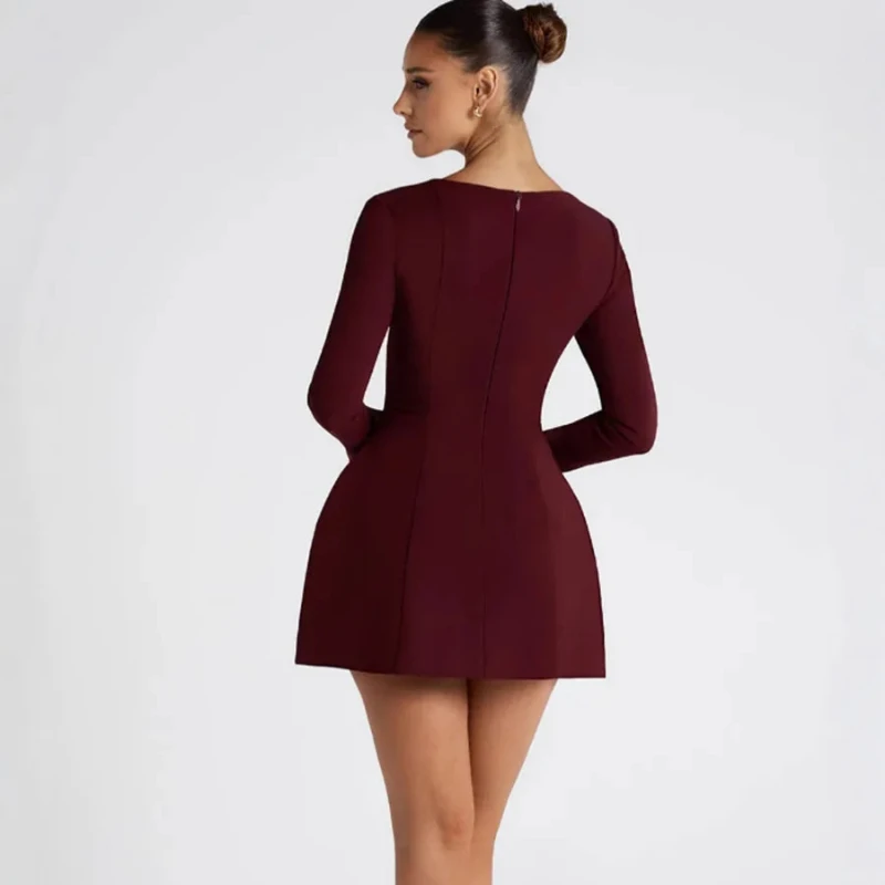 French Autumn Sexy Sweet Pure Color Simple Square Collar Temperament Ladies Waist Cinching Slimming A-line Short Dress Long Slee