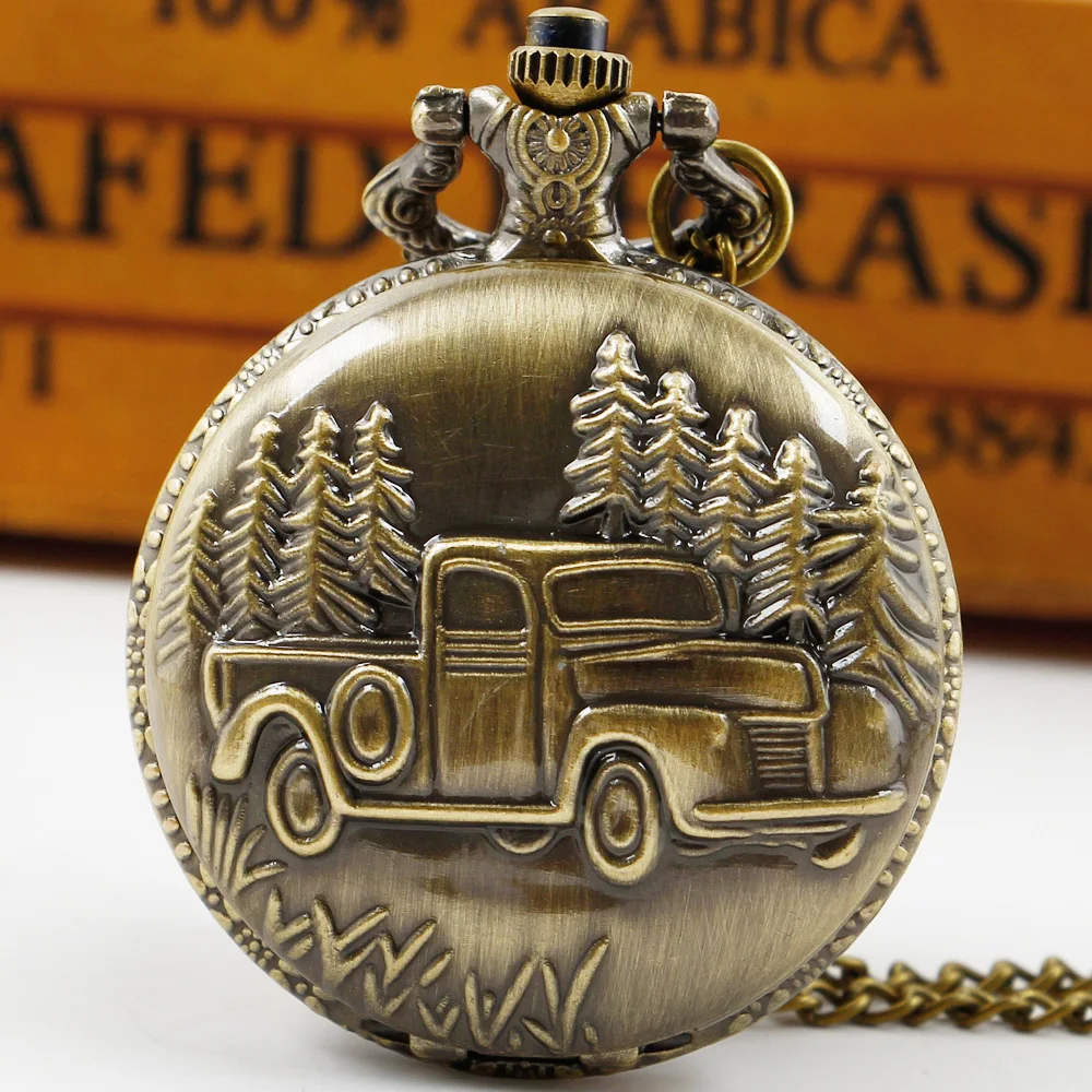 Vintage Bronze Quartz Steampunk Watch 3D Car Truck Pattern Pocket Watch Men FOB Chain Necklace Pendant Clock Gifts