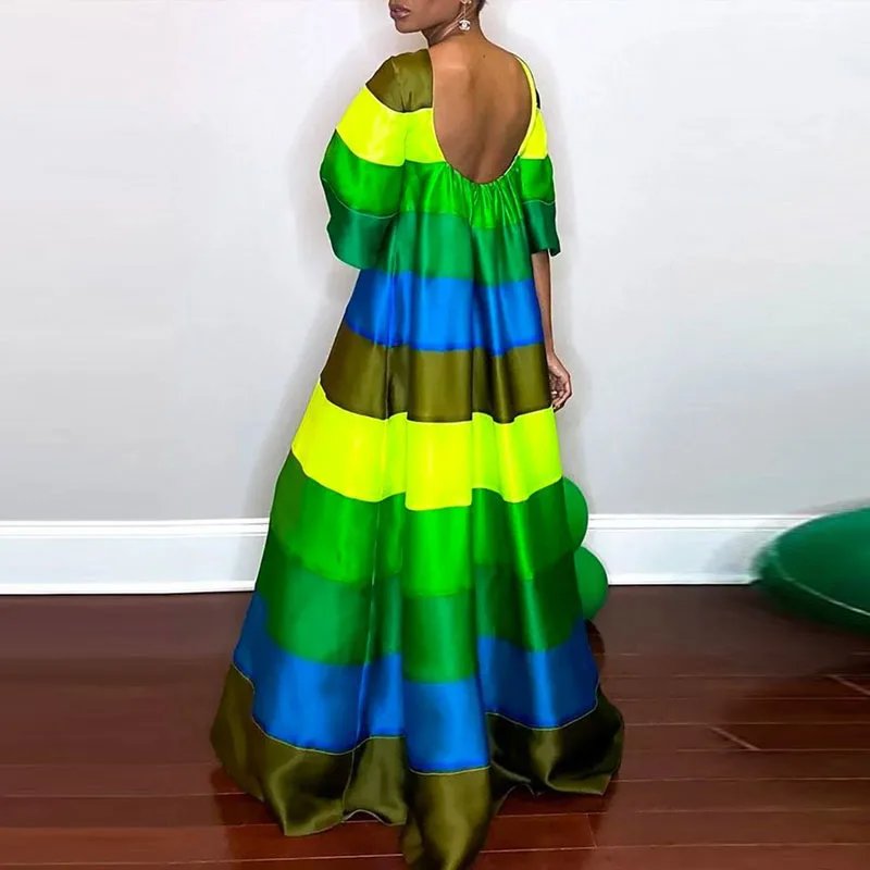 Luxury Rainbow Striped Women Evening Dress 2024 Sexy Elegant Loose Short Sleeve Maxi Dress Women Backless O-neck Bohe Dresses