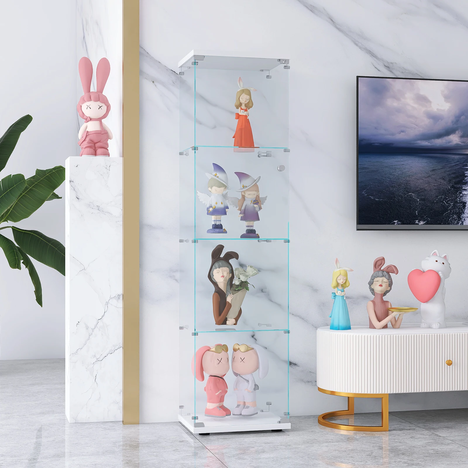 Glasvitrine mit 4 Regalen und Tür, bodenstehendes Curio-Bücherregal für Wohnzimmer, Schlafzimmer, Büro, 64,56 Zoll x 16,73 Zoll