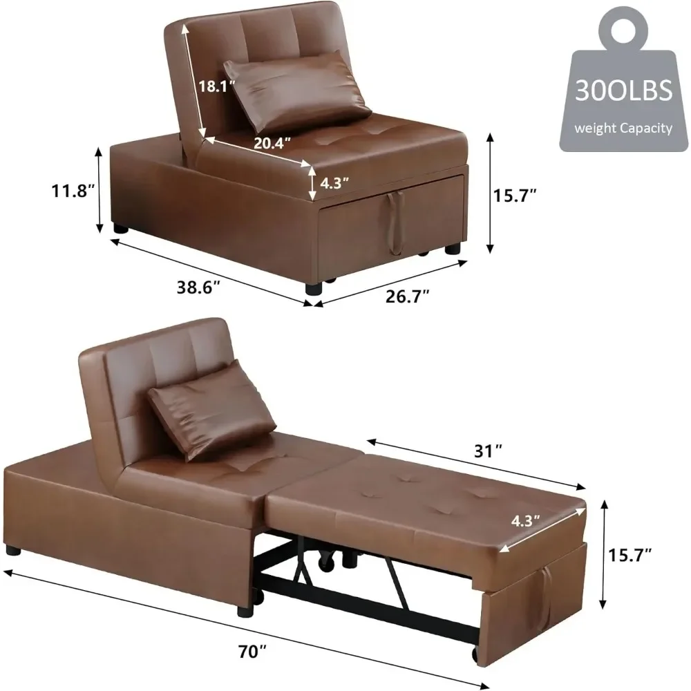 &Convertible Chair Bed Sleeper, Pu Leather 4 in 1 Single Sofa Folding Chair Ottoman, Pull Out Small Couch Ottoman Bed