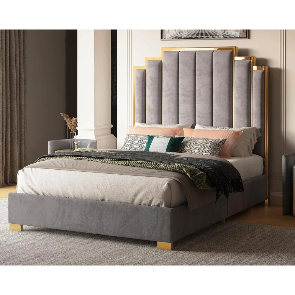 

Albott Queen Size Platform Bed Frame, 61.4" Velvet Upholstered Bed with Gold Trim Headboard/Wooden Slats/No Box Spring Needed/Gr