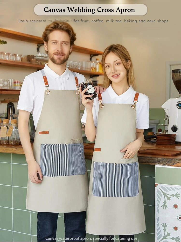 

Полосатый полихлопковый холщовый фартук с перекрестным ремешком на спине - прочная рабочая одежда с несколькими карманами для кухни и общей промышленности