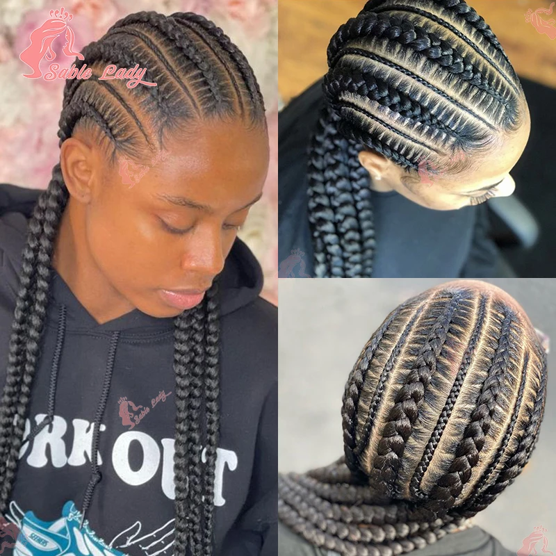 Pelucas trenzadas de encaje completo, trenzas sintéticas Cornrow, pelucas de encaje para mujeres negras, trenzas en caja sin nudos de 36 ", peluca de cabello trenzado negro