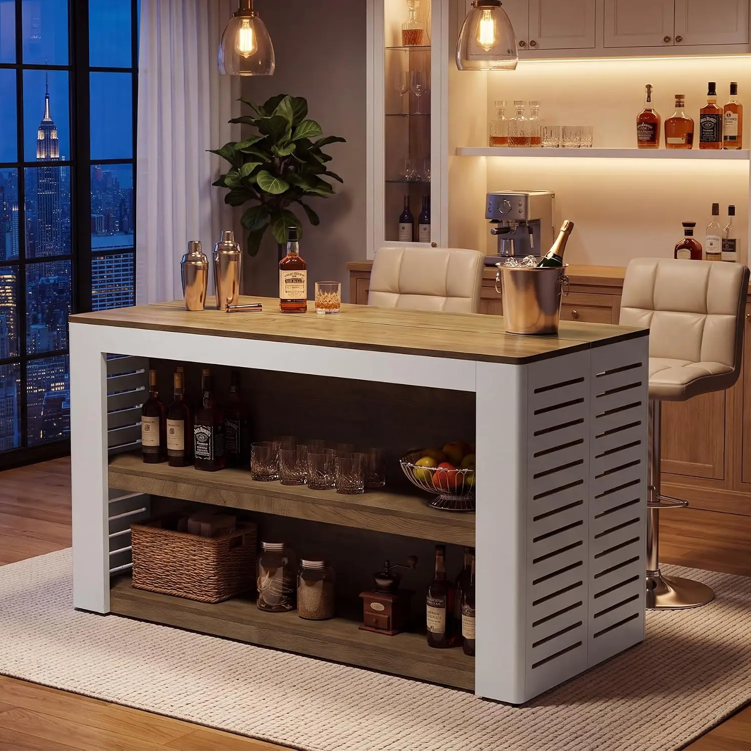 Rectangular Wooden 3-Tier Home Bar Table, Counter Height Pub Table for Kitchen, Dining Room