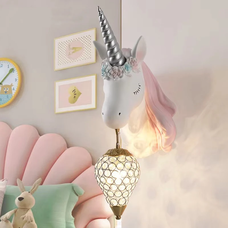 

Nordic Unicorn Wall Light Crystal Bracket Sconce Children Home Interior Lighting Girl Bedroom Study Living Room Resin Wall Lamp