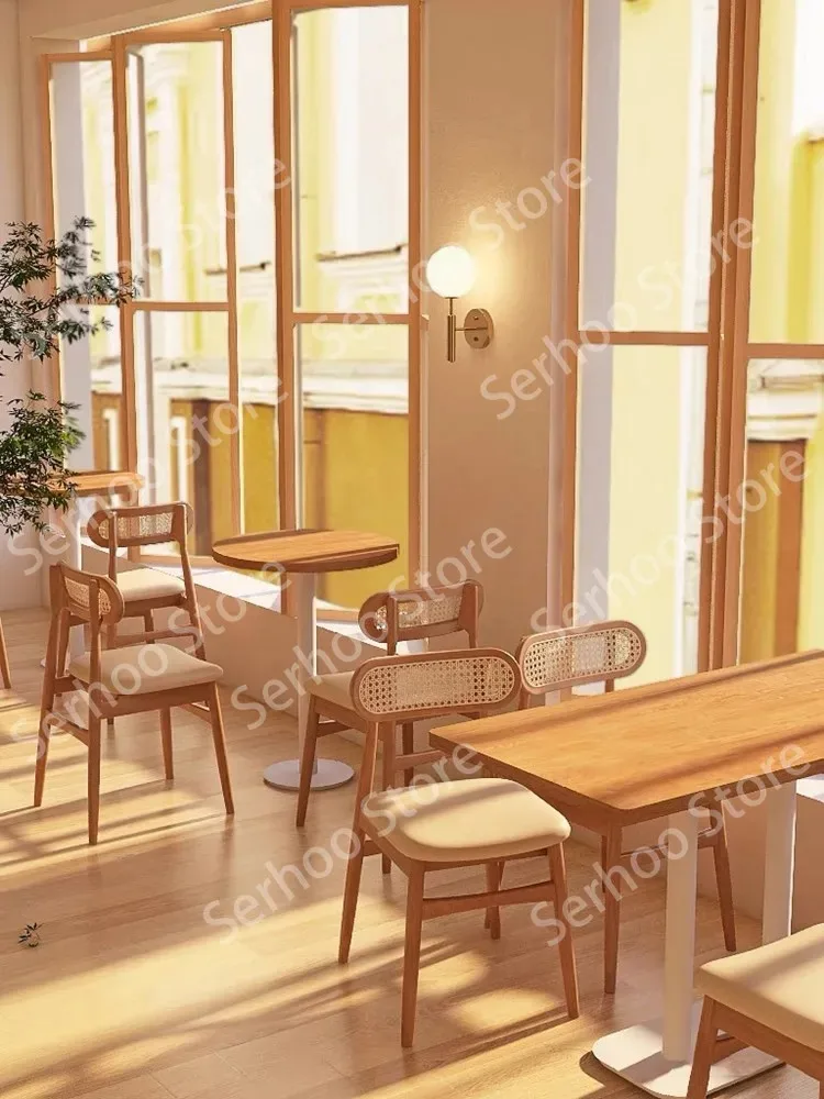 

Cream Wind Cafe Table and Chair Combination Dessert Shop Baking Bread Cake Milk Tea Shop Negotiate Solid Wood Chair Leisure