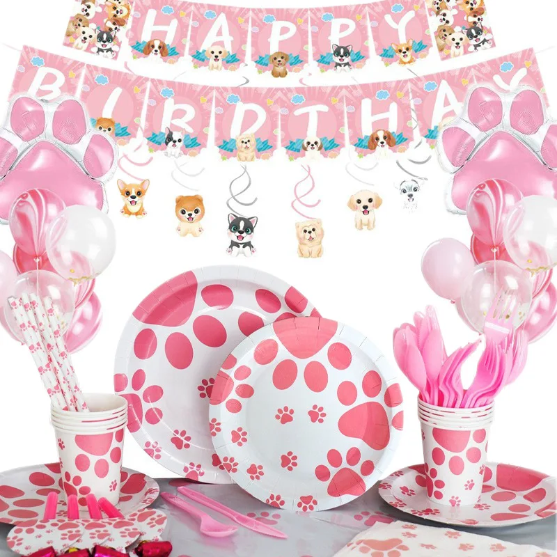 Pink Dog Paw Birthday Party Decoration Dog Pet Party Paper Tray Paper Cup Paper Towel Tablecloth Tableware Set Pet Party  379