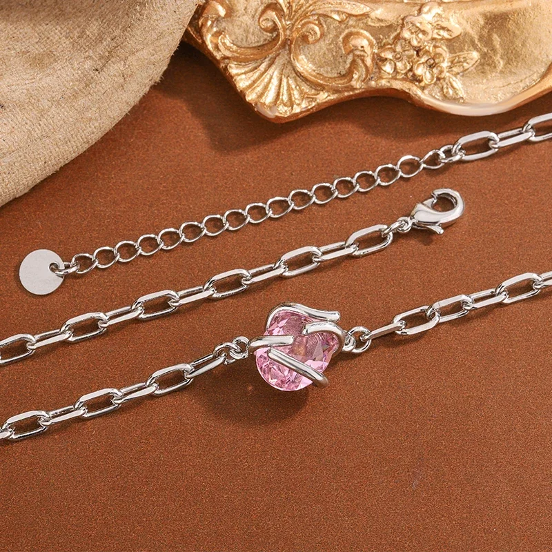 

Fashion Hip Hop 925 Silver Plated Pink Zircon Pendant Necklace for Women Girls Punk Gothic Party Cocktail Jewelry Gift