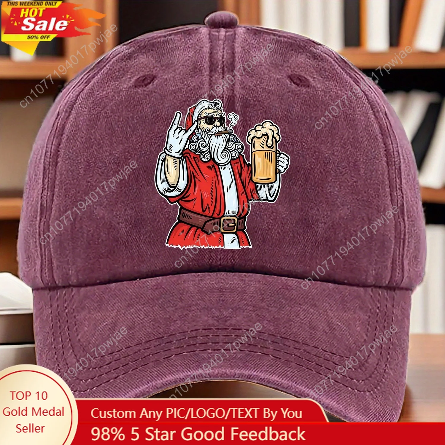 

Christmas Santa with Cup Fun Themed Printed Baseball Cap - Cotton, Lightweight, Adjustable Fit, Multiple Color Options, Machine