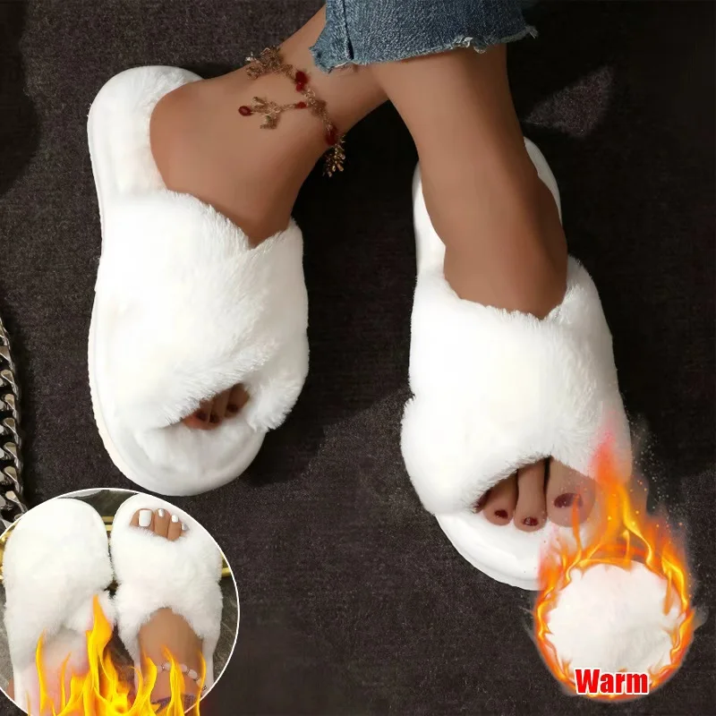 شبشب فرو نسائي عصري بحزام متقاطع - شرائح قطيفة دافئة للاستخدام الداخلي، حذاء منزلي بكعب مسطح من الفرو الصناعي غير قابل للانزلاق (خيار الزوجين)