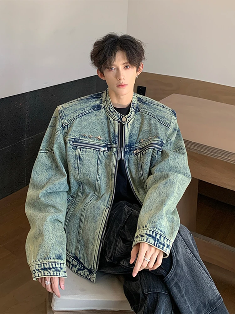 

Американский винтажный мужской джинсовый трендовый джинсовый трендовый воротник-стойка, весенне-осенняя рабочая одежда, молодежный трендовый хлопок...