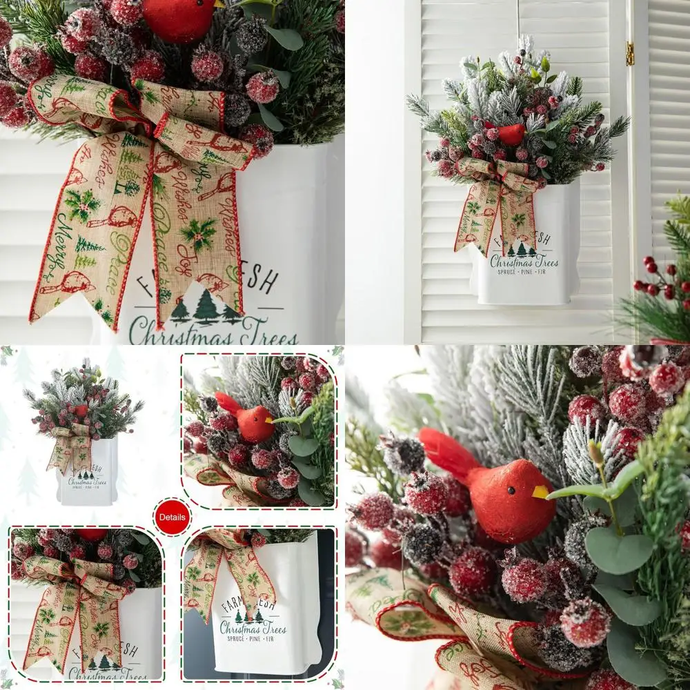 

Miniature Potted Christmas Tree with Decorative Ornaments, Pine Needles & Berry Ribbon, Ideal Table or Wall Centerpiece