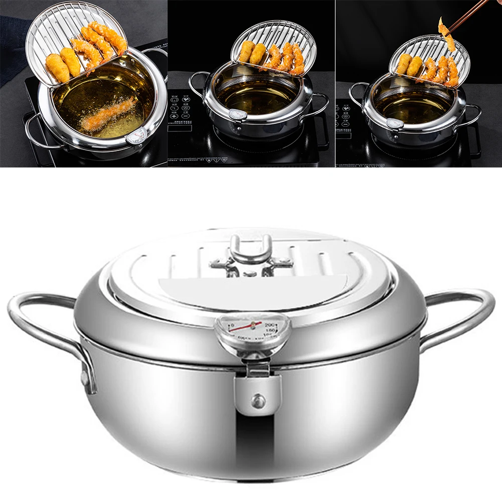 

Japanese Style Deep Frying Pot with Thermometer Oil Drip Drainer Rack Stainless Steel Tempura Fryer Pan